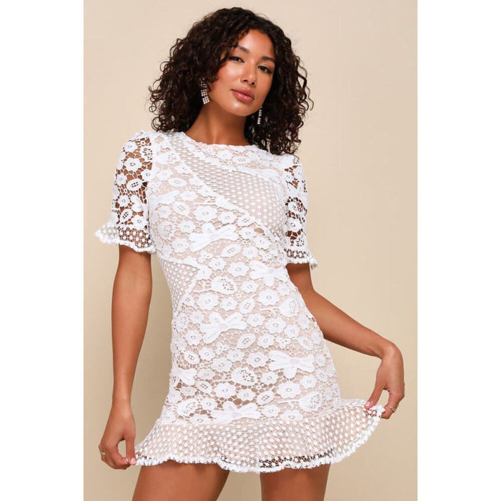 Lulus My Dearest White Lace Short Sleeve Mini Dress - Size L